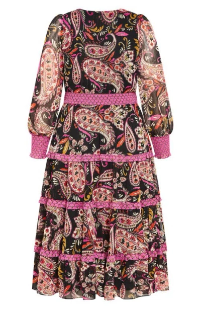 City Chic Gwendolyn Paisley Long Sleeve Tiered Midi Dress In Multi