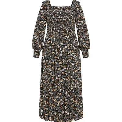 City Chic Avana Floral Long Sleeve Midi Dress In Black