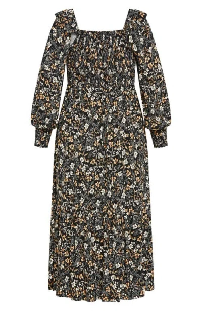 City Chic Avana Floral Long Sleeve Midi Dress In Black