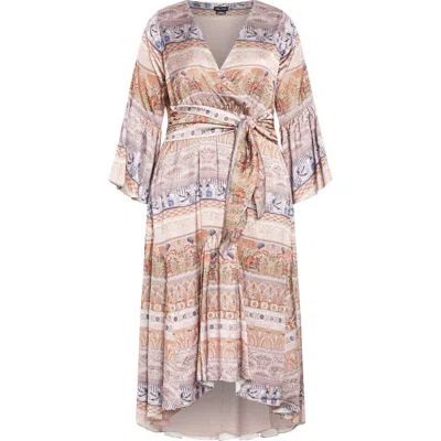 City Chic Nile Tie Front Long Sleeve Maxi Dress In Multi