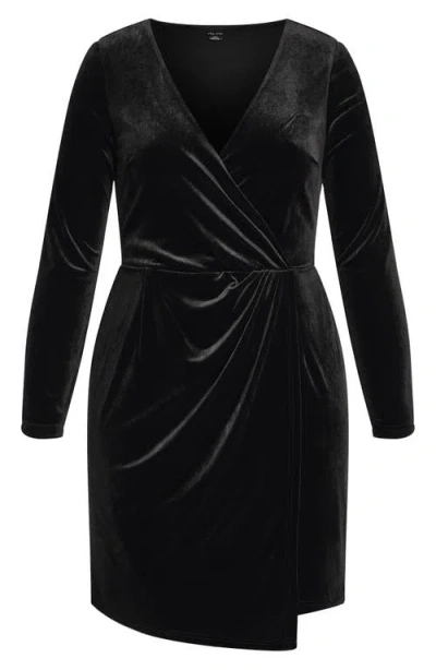 City Chic Wrap Bodice Long Sleeve Velvet Dress In Black