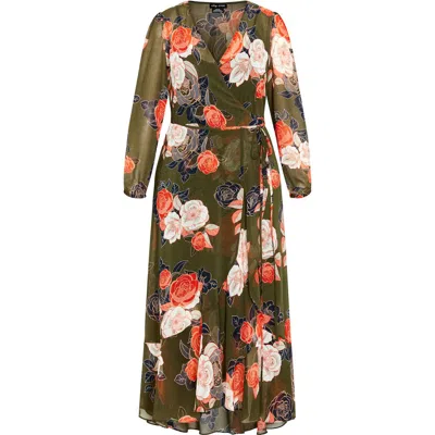 City Chic Kataleya Long Sleeve Chiffon Maxi Wrap Dress In Multi