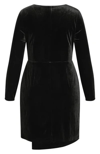 City Chic Wrap Bodice Long Sleeve Velvet Dress In Black