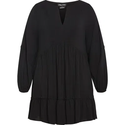 City Chic Mira Long Sleeve Tiered Minidress In Black