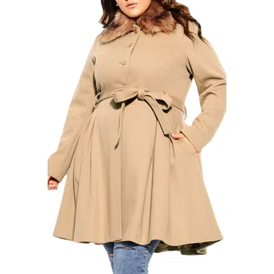 City Chic Rosemary Faux Fur Collar Coat In Neutral
