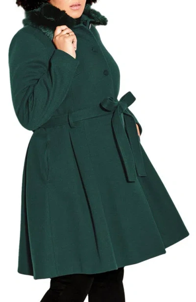 City Chic Rosemary Faux Fur Collar Coat In Green