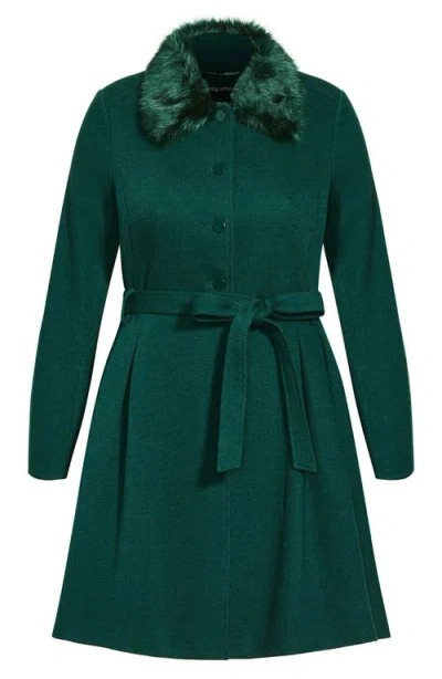 City Chic Rosemary Faux Fur Collar Coat In Green
