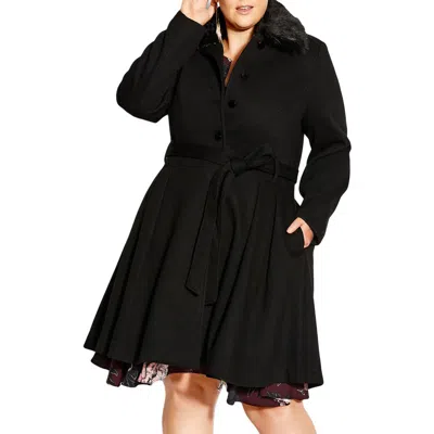 City Chic Rosemary Faux Fur Collar Coat In Black