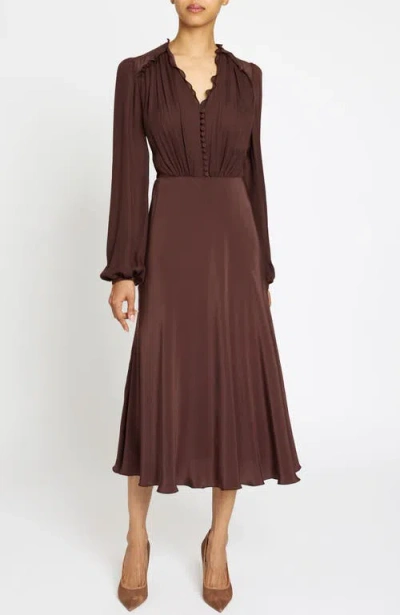 Santorelli Amal Silk Long Sleeve Fit And Flare Midi Dress In Brown