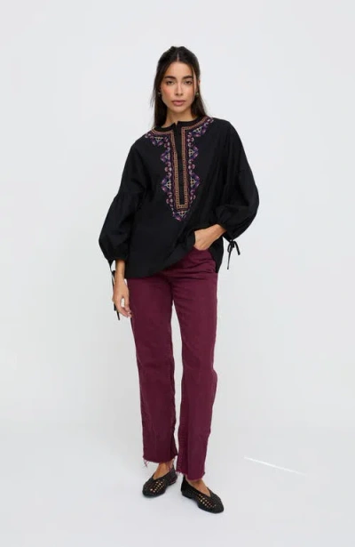 Raffya Anai Half Placket Embroidered Blouse In Black