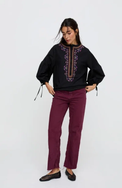 Raffya Anai Half Placket Embroidered Blouse In Black