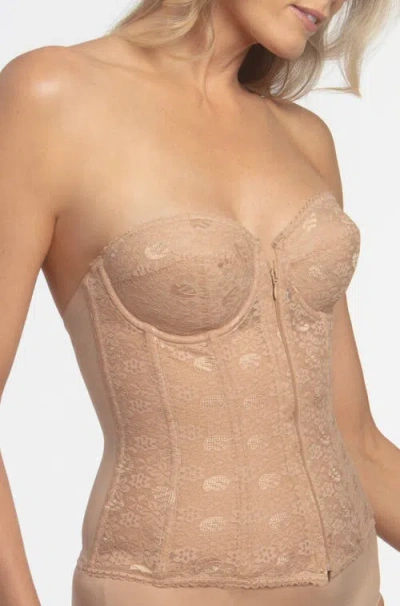 Dominique Intimates Francesca Lace Strapless Front Closure Longline Bridal Bra In Brown