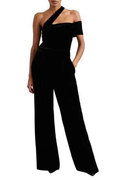 Reiss Black Velvet One-shoulder Wide-leg Jumpsuit In Black