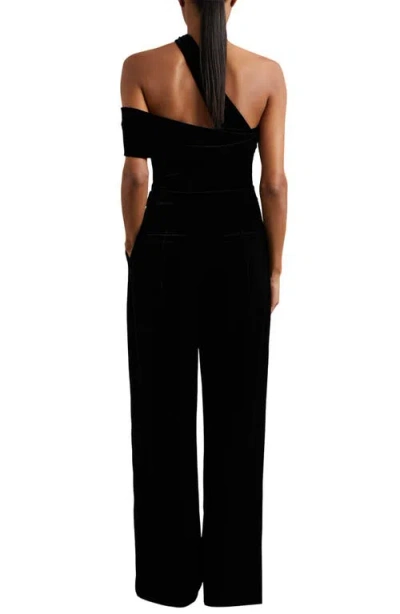 Reiss Black Velvet One-shoulder Wide-leg Jumpsuit In Black