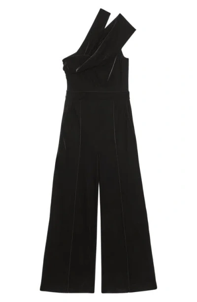 Reiss Black Velvet One-shoulder Wide-leg Jumpsuit In Black