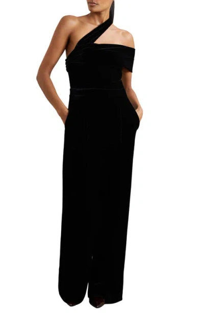Reiss Black Velvet One-shoulder Wide-leg Jumpsuit In Black