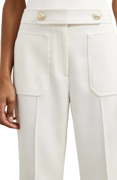 Reiss White Twill Button-tab Flared Trousers With Wool In White