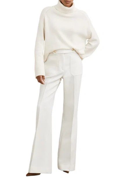 Reiss White Twill Button-tab Flared Trousers With Wool In White