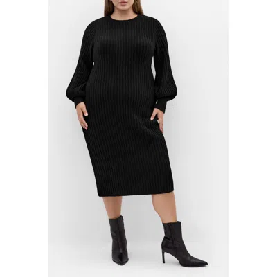 City Chic Sarah Long Sleeve Rib Sweater Midi Dress In Black