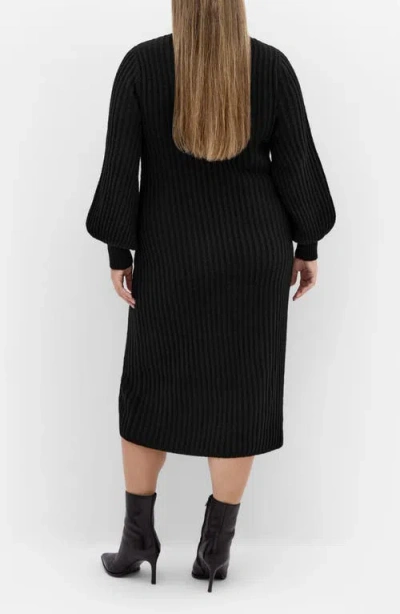 City Chic Sarah Long Sleeve Rib Sweater Midi Dress In Black