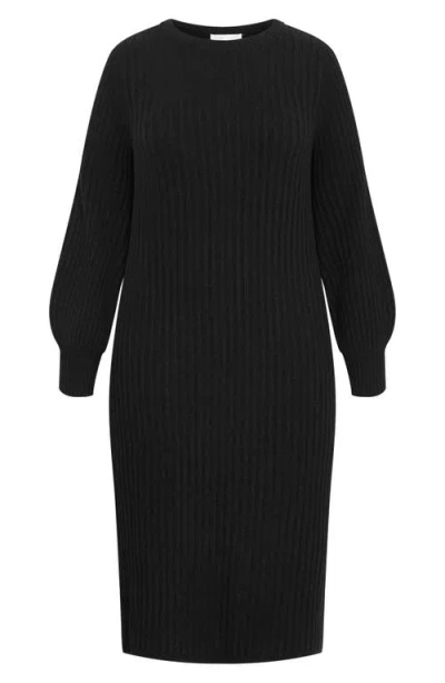 City Chic Sarah Long Sleeve Rib Sweater Midi Dress In Black