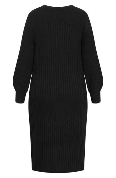 City Chic Sarah Long Sleeve Rib Sweater Midi Dress In Black