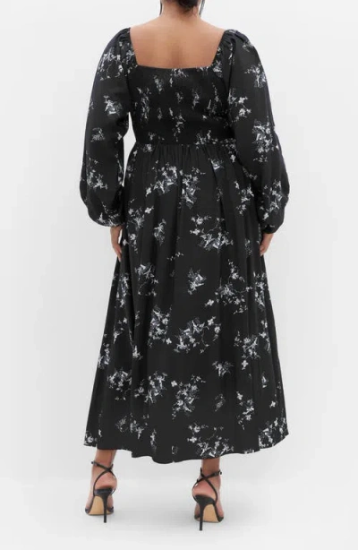 City Chic Floral Print Long Sleeve Dress In Black