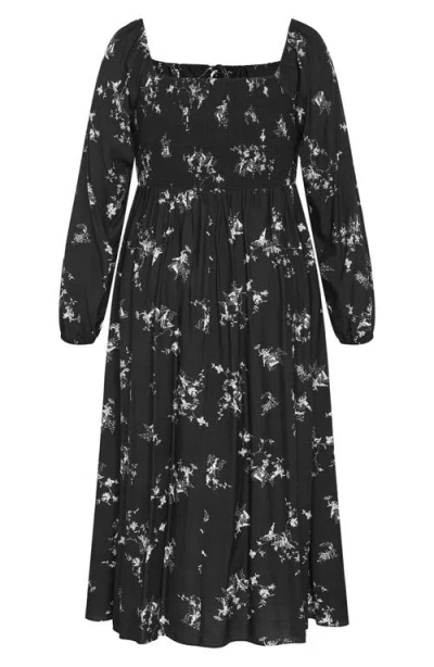 City Chic Floral Print Long Sleeve Dress In Black
