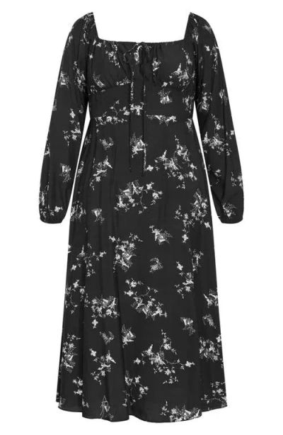 City Chic Floral Print Long Sleeve Dress In Black