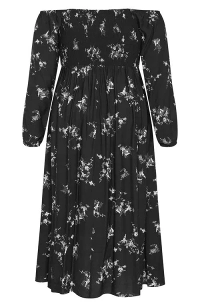 City Chic Floral Print Long Sleeve Dress In Black