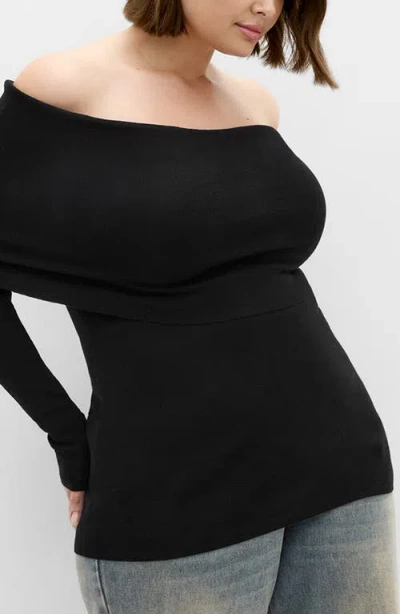 City Chic Florence Foldover Off The Shoulder Sweater In Black