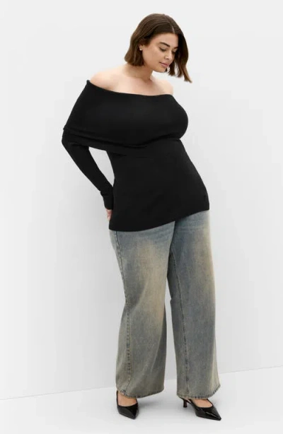 City Chic Florence Foldover Off The Shoulder Sweater In Black