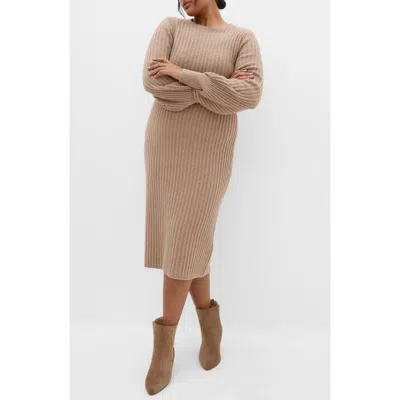 City Chic Sarah Long Sleeve Rib Sweater Midi Dress In Brown
