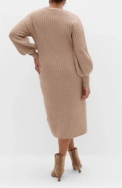 City Chic Sarah Long Sleeve Rib Sweater Midi Dress In Brown