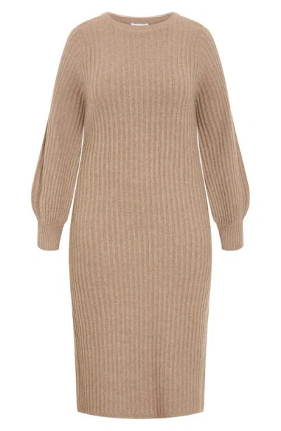 City Chic Sarah Long Sleeve Rib Sweater Midi Dress In Brown
