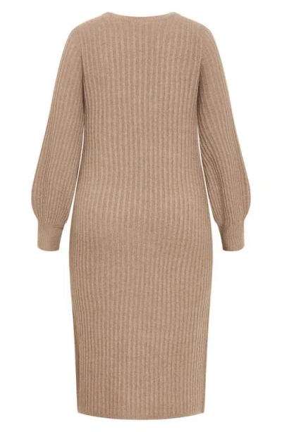 City Chic Sarah Long Sleeve Rib Sweater Midi Dress In Brown