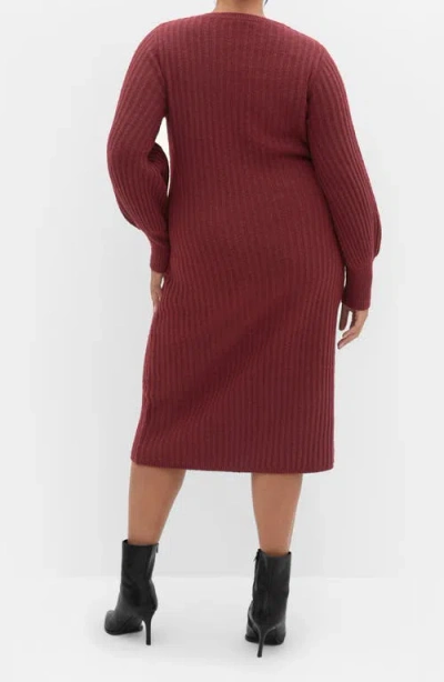 City Chic Sarah Long Sleeve Rib Sweater Midi Dress In Burgundy