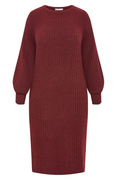 City Chic Sarah Long Sleeve Rib Sweater Midi Dress In Burgundy