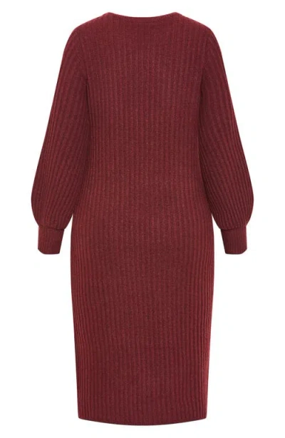 City Chic Sarah Long Sleeve Rib Sweater Midi Dress In Burgundy