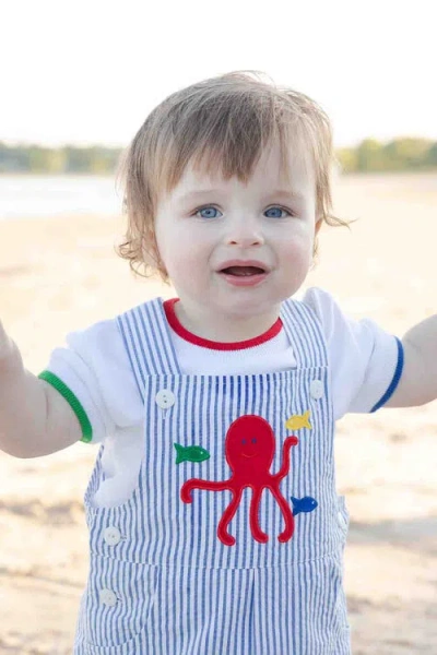 Florence Eiseman Stripe Seersucker Shortall With Octopus In Blue