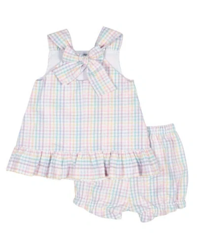 Florence Eiseman Plaid Seersucker Dress And Bloomer With Flowers In Multi