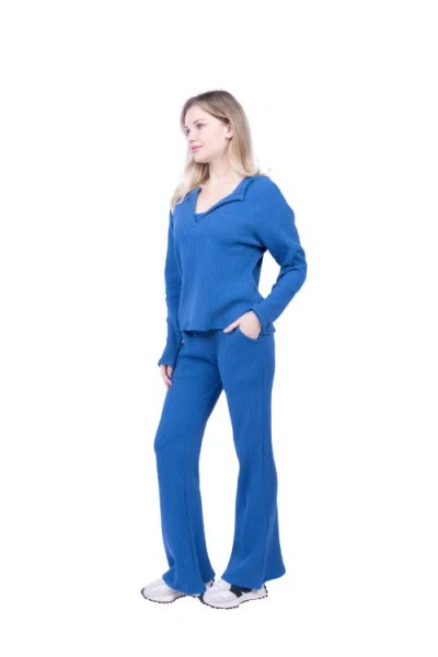 Lezat Jules Waffle Knit Organic Cotton V-neck Pullover In Blue