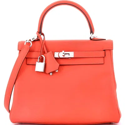 Pre-owned Hermes  Hermes Kelly Handbag Orange Swift With Palladium Hardware 25 In Orange