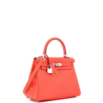 Pre-owned Hermes  Hermes Kelly Handbag Orange Swift With Palladium Hardware 25 In Orange