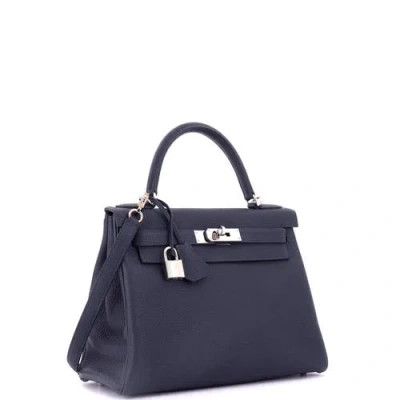 Pre-owned Hermes  Hermes Kelly Handbag Blue Togo With Palladium Hardware 28 In Blue