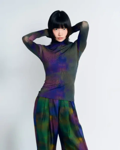 Lost Pattern Nyc "brooklyn" Mock Neck Long Sleeve Top In Green