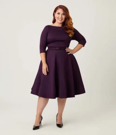 Unique Vintage Plus Size Three Quarter Sleeve Belted Devon Swing Dress In Purple