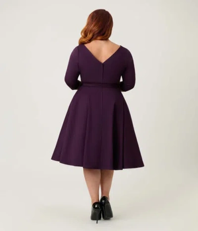 Unique Vintage Plus Size Three Quarter Sleeve Belted Devon Swing Dress In Purple