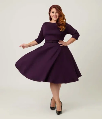 Unique Vintage Plus Size Three Quarter Sleeve Belted Devon Swing Dress In Purple
