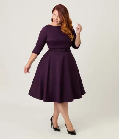 Unique Vintage Plus Size Three Quarter Sleeve Belted Devon Swing Dress In Purple